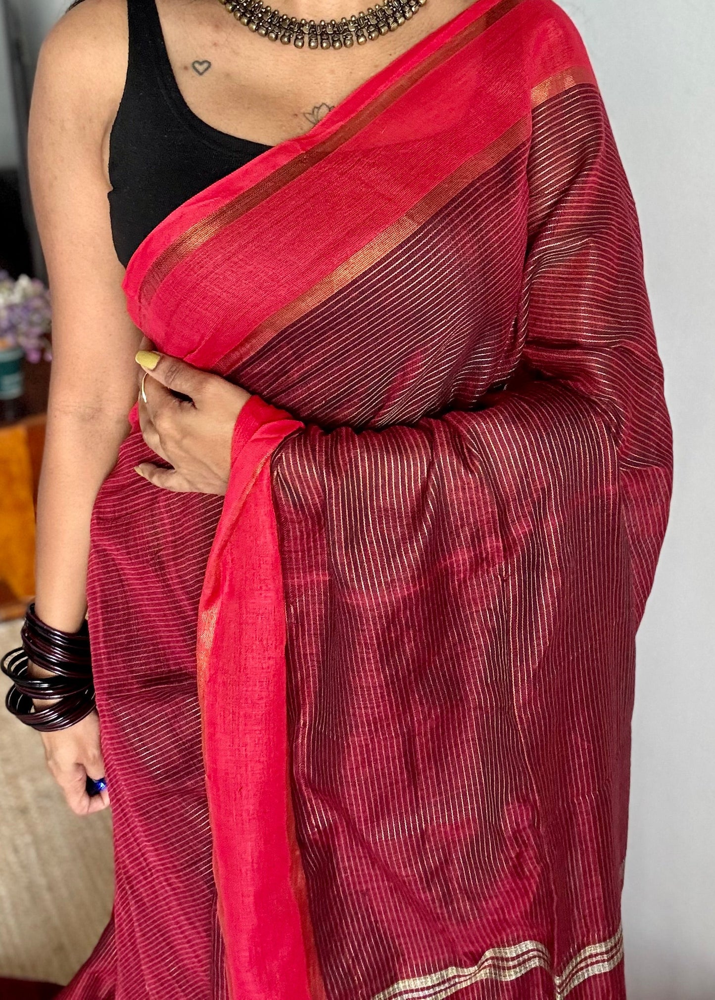 Maroon with red gap border, gold zari stripes, soft cotton - YCBCKCZDE131
