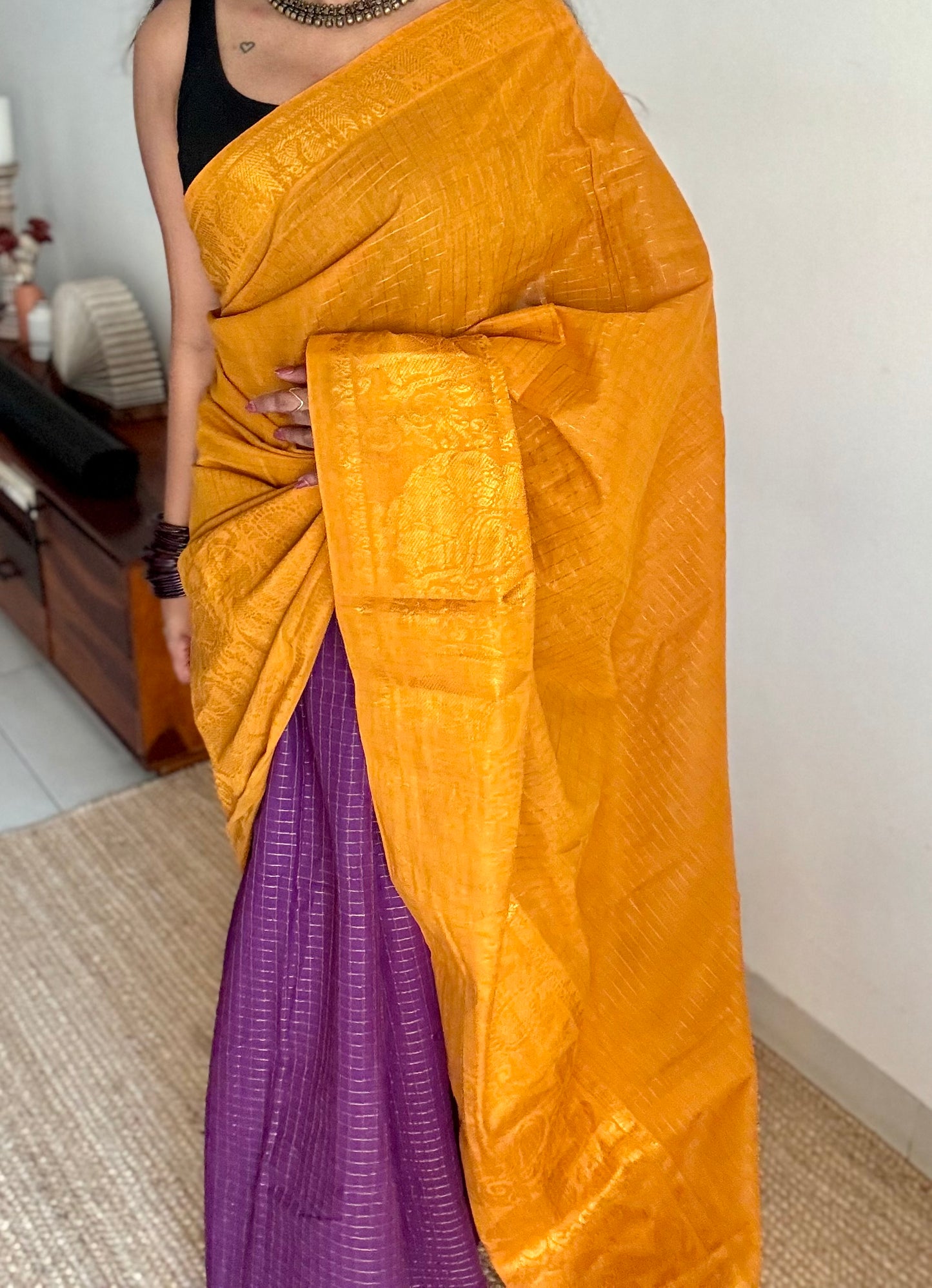 Turmeric yellow with purple, sungudi cotton half-half saree - YCCOTNIDMA316