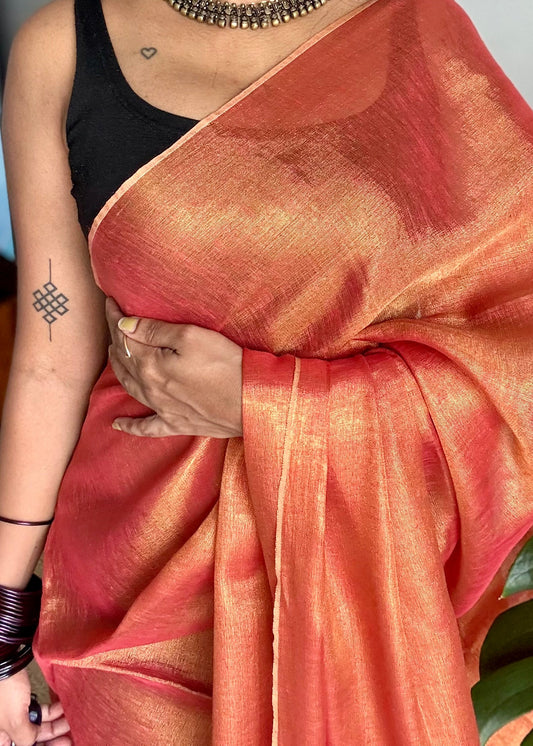 Orange with gold, dual tone metallic tissue linen saree - YCBCLTOC58