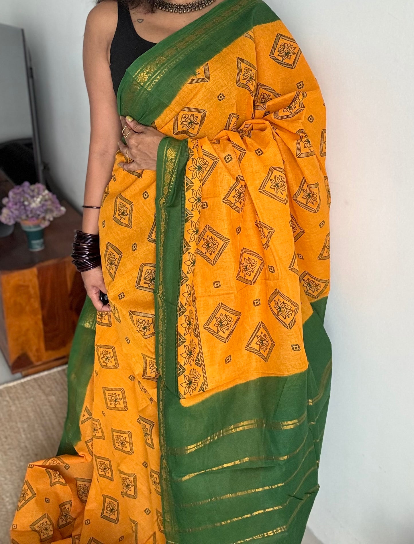 Yellow with green, motif printed, kattuchayam dyed madurai sungudi cotton saree - YCCOTNMSFE72