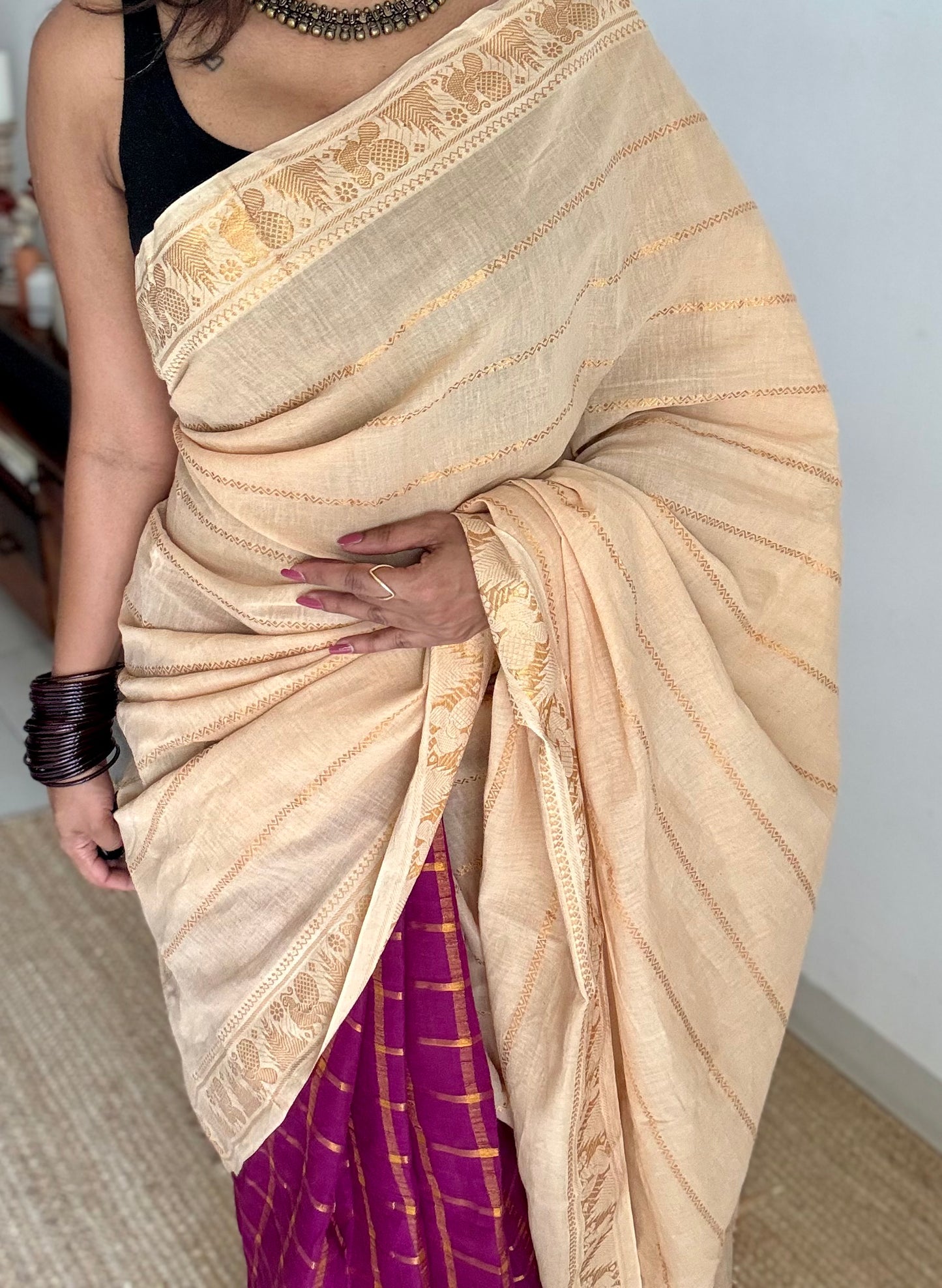 Cream with vadamalli, sungudi cotton half-half saree - YCCOTNIDMA284