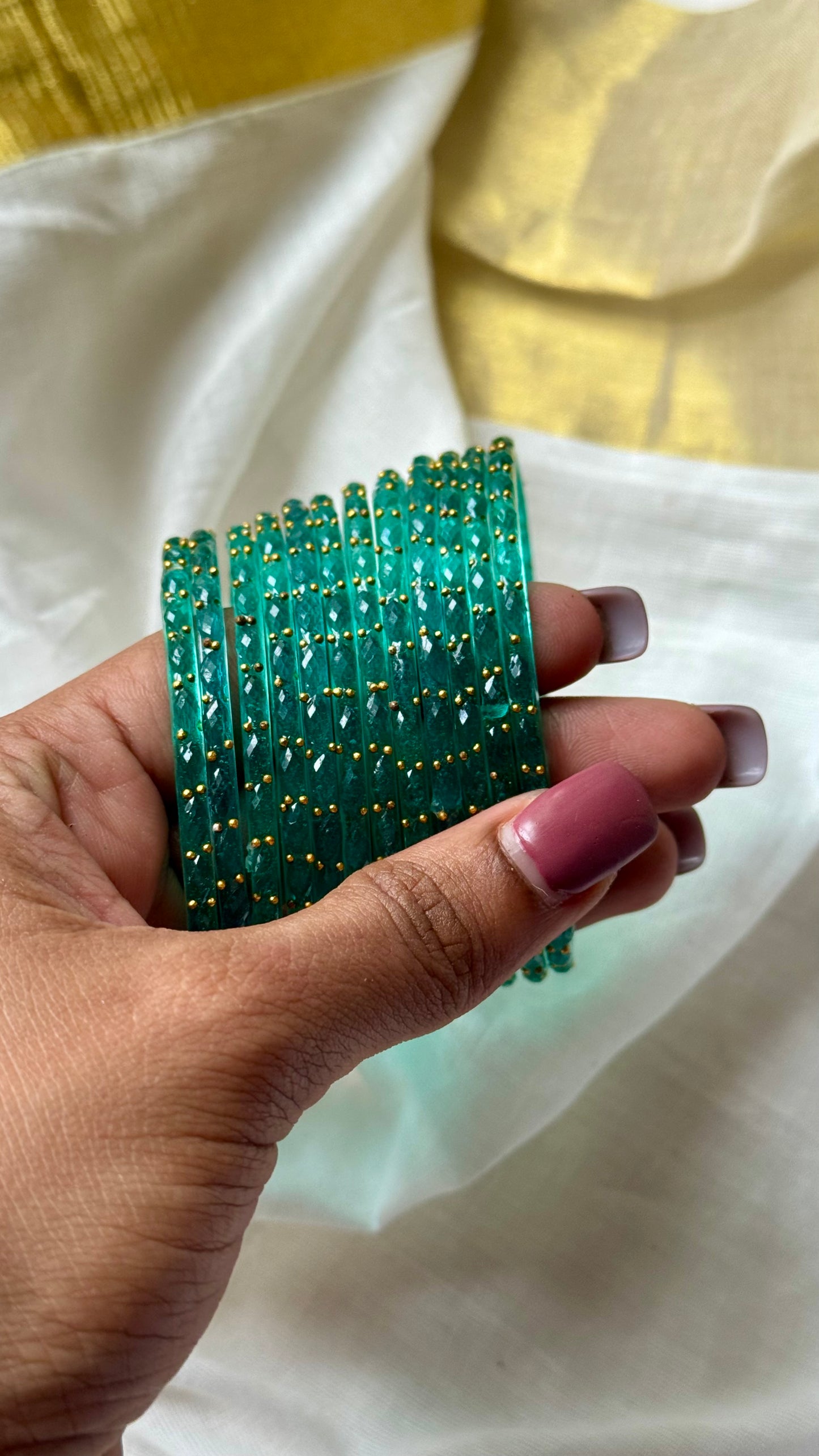 Turquoise green raindrop glass bangles, set of 12 - YCBANGL850
