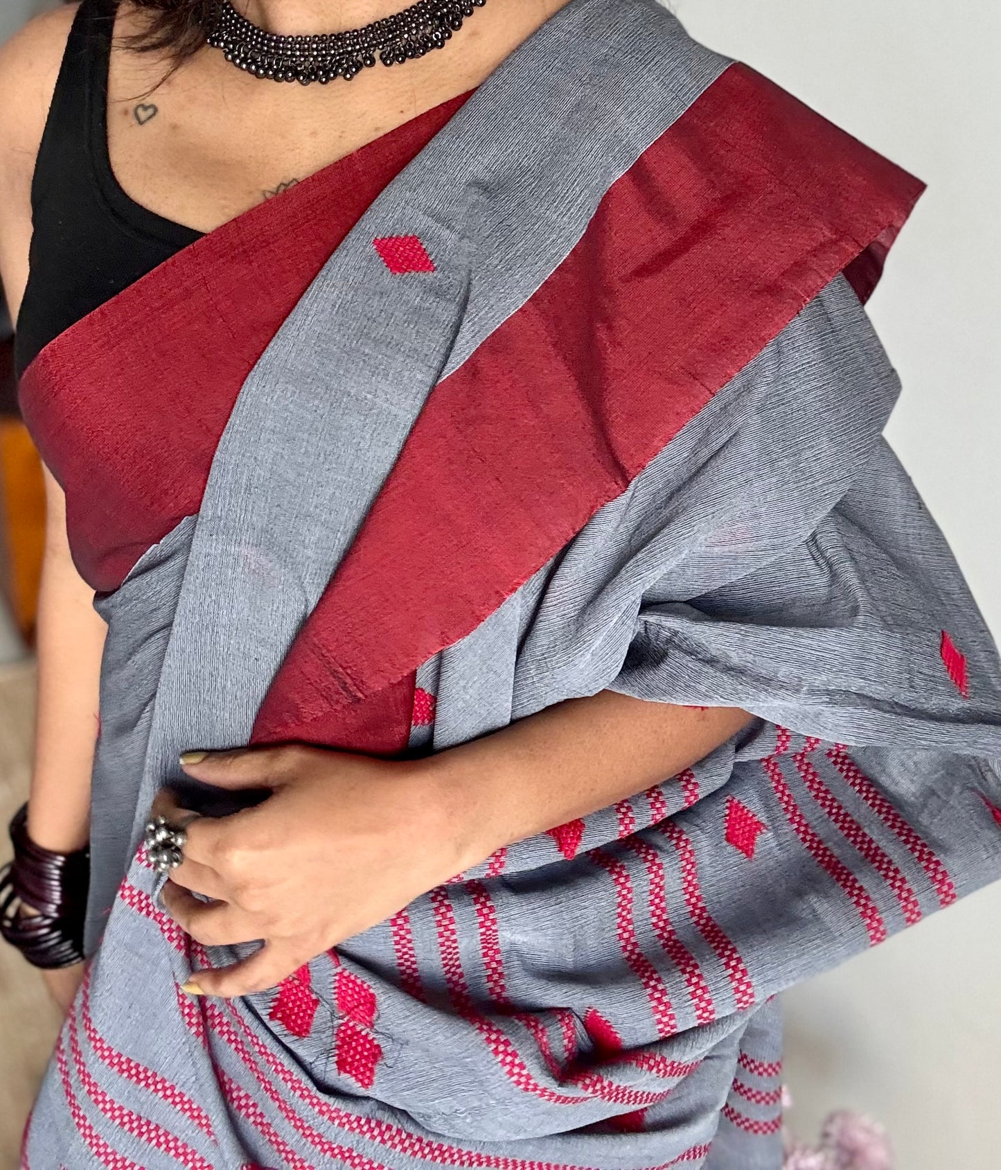 Grey with maroon, soft khadi cotton with woven motifs - YCBCKCDE24