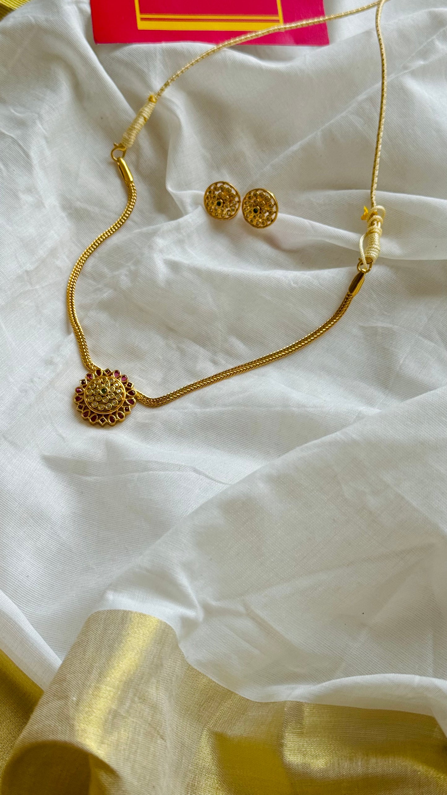 Attigai with ruby, green, white stone pendant, with earrings - YCGPNP741