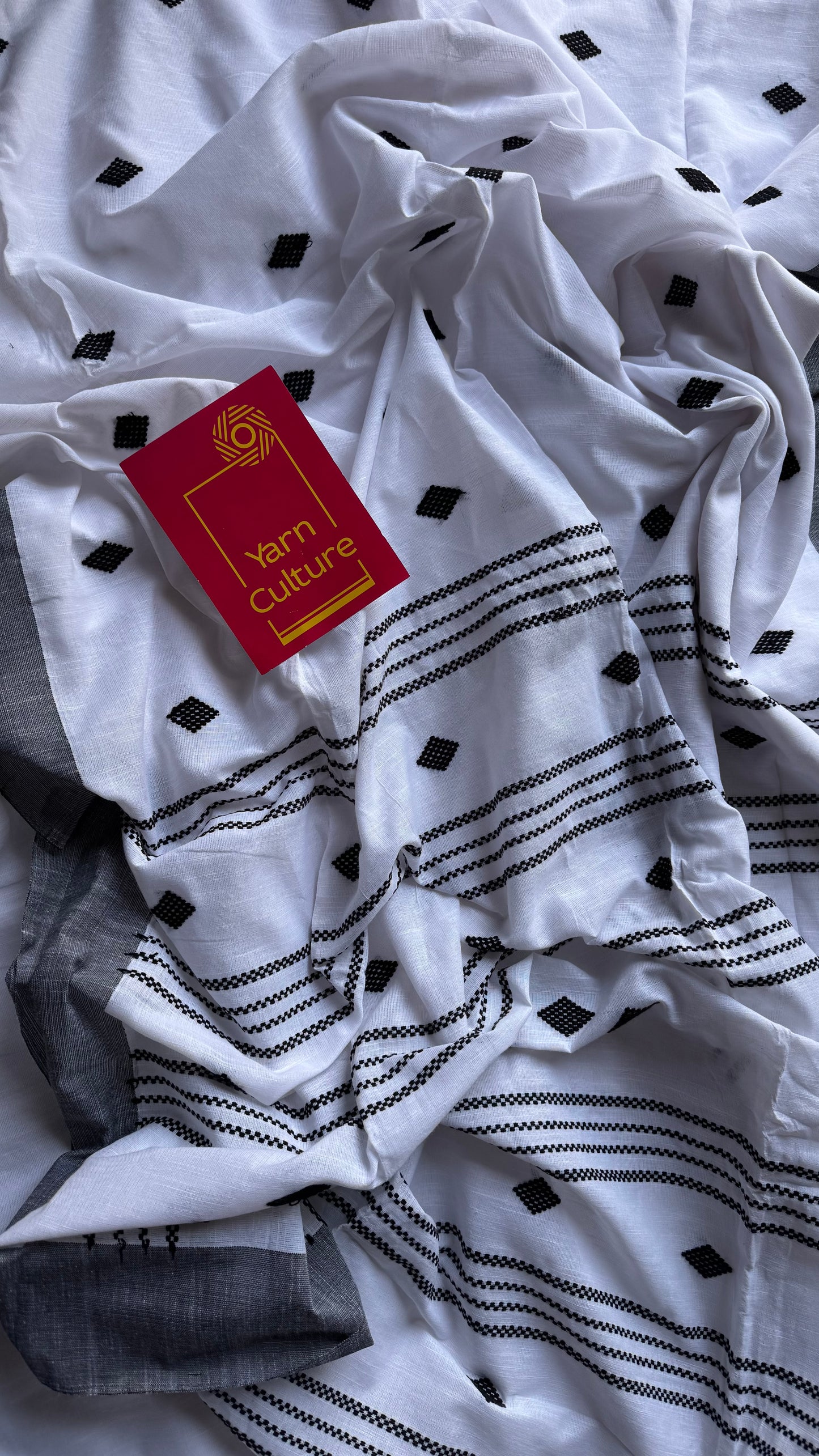 White with black, soft khadi cotton with woven motifs - YCBCKCDE23