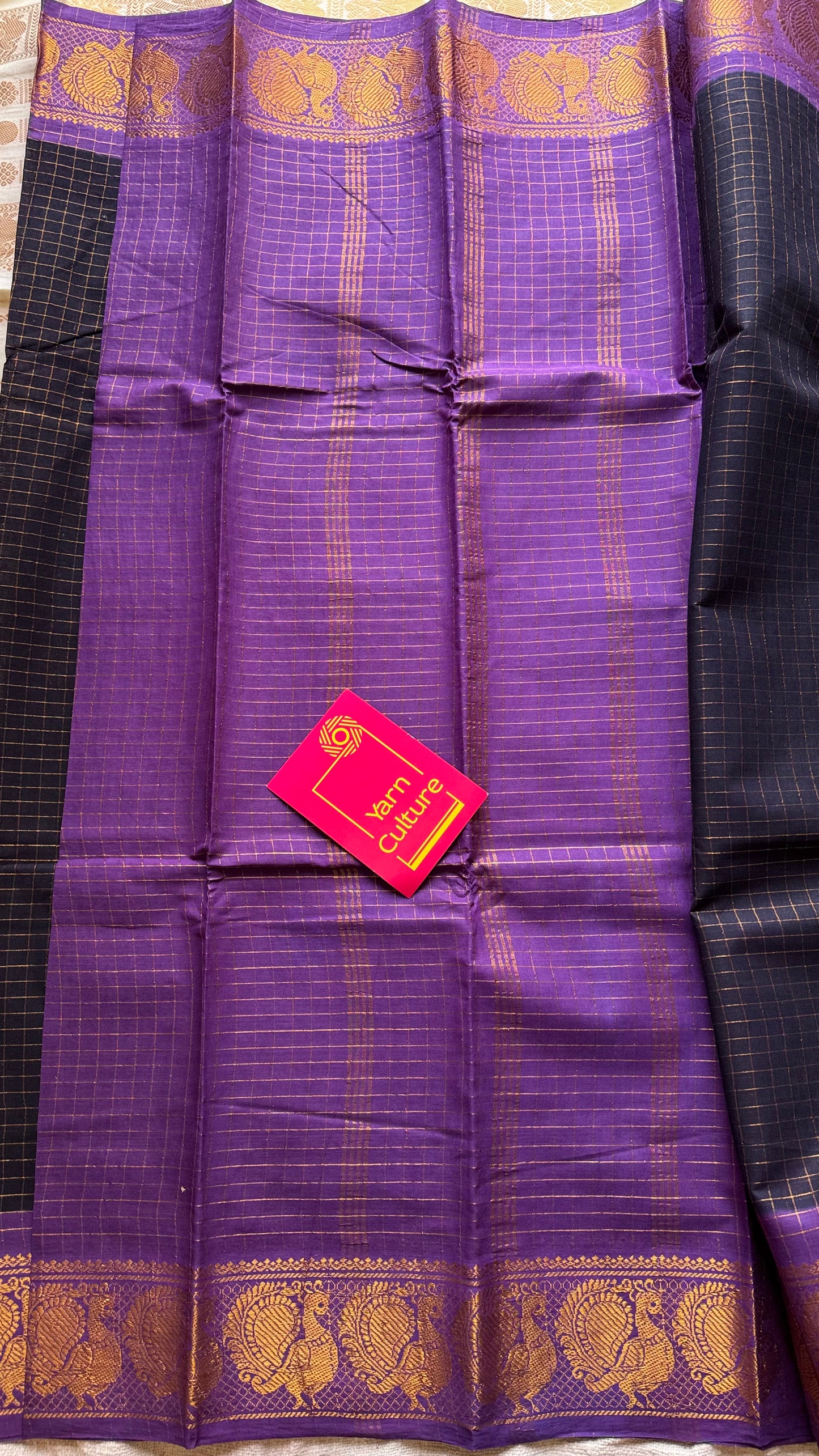Dark blue with purple contrast zari checkered sungudi, kattuchayam dyed madurai cotton - YCCOTNMSAP92