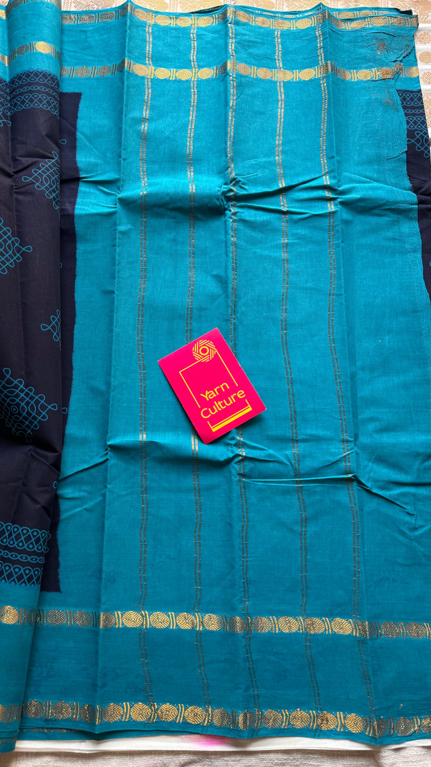 Dark blue with aqua blue, kolam print, rettaipettu gap border, madurai soft cotton - YCCOTNMSAP201