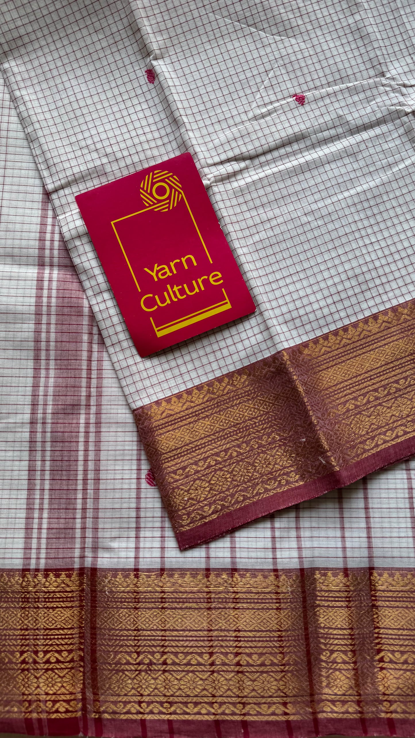 White and burnt red contrast, checkered Chettinad cotton saree - YCCOTNMA264