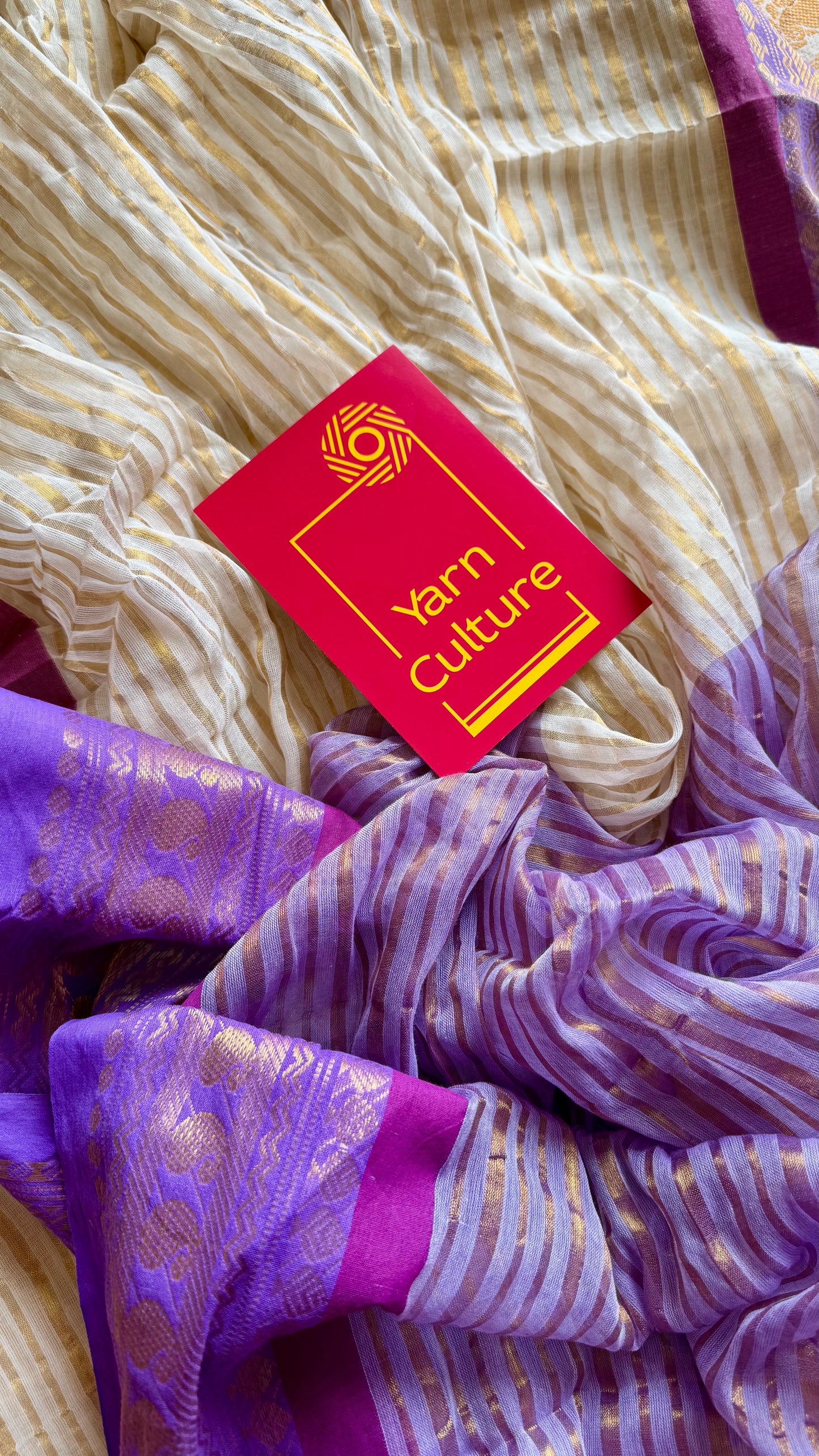 Ivory mul saree, purple and gold - YCIEON33