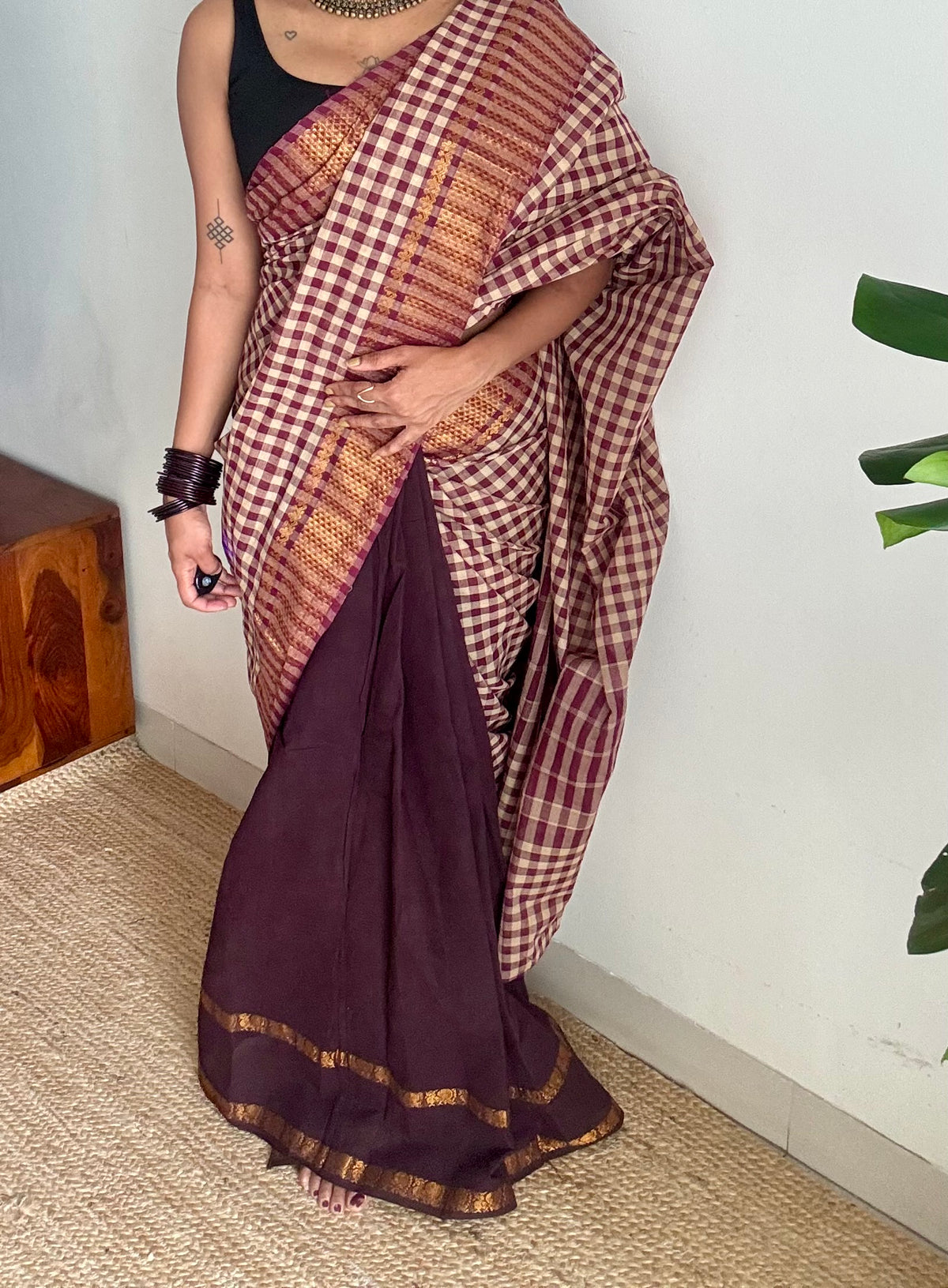Maroon with cream checks and brown, sungudi and chettinad cotton half-half saree - YCCOTNIDOC32