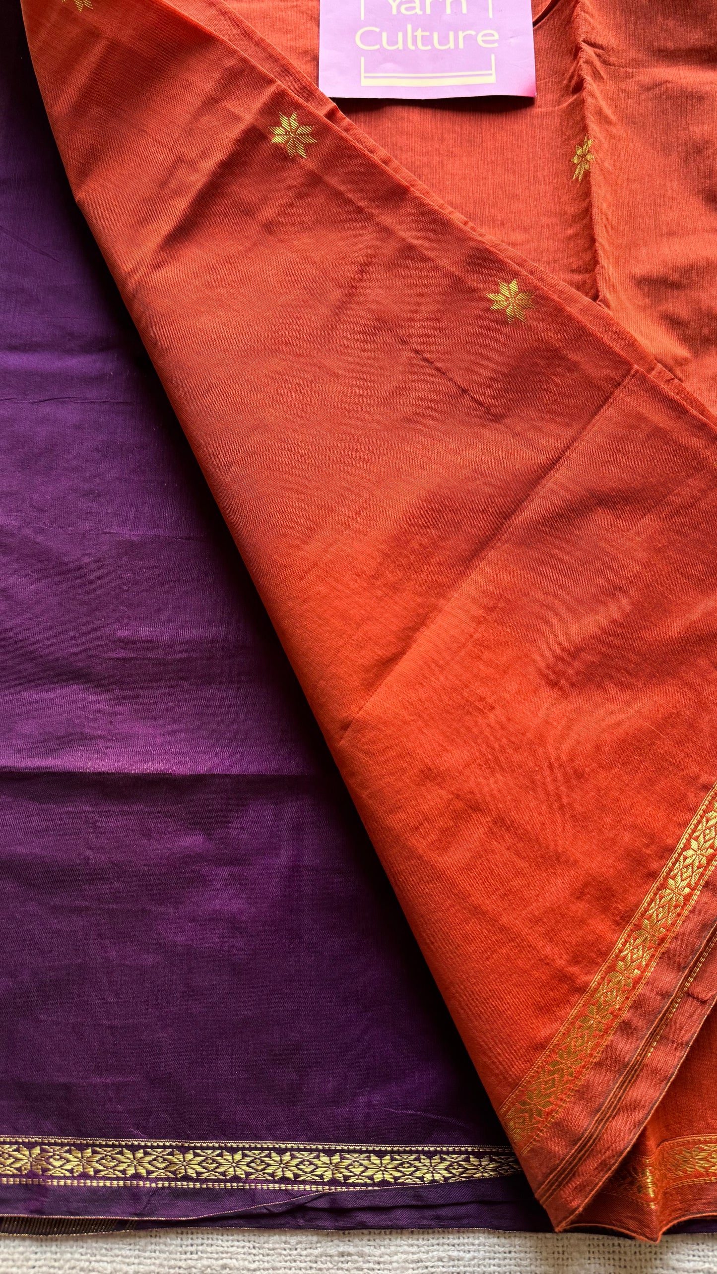 Dark orange with purple wine, gold buttas, semi maheshwari cotton silk - YCCOTNCSDE91