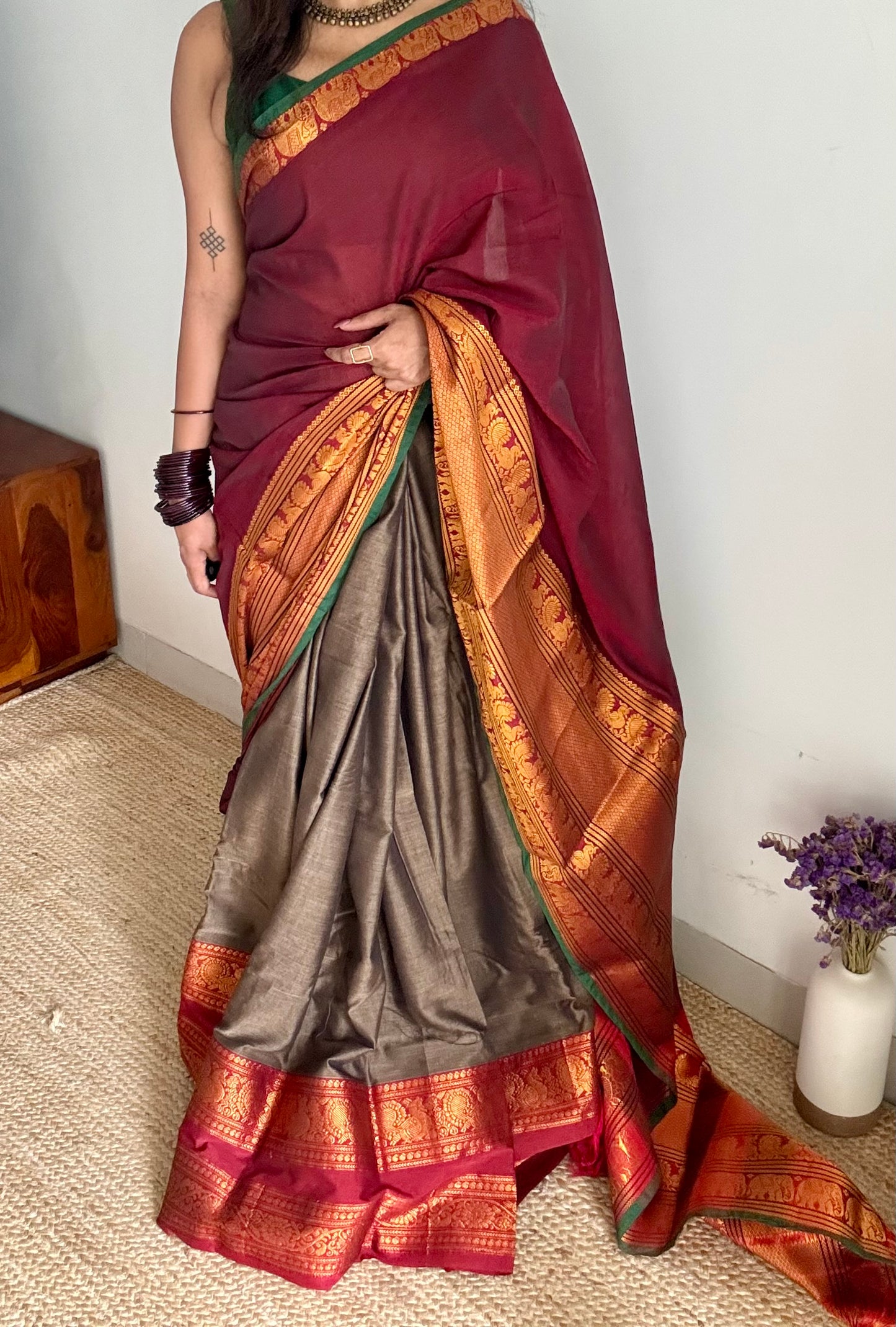 Grey - Maroon unstitched half saree material (dhavani), narayanpet cotton - YCIEHS217