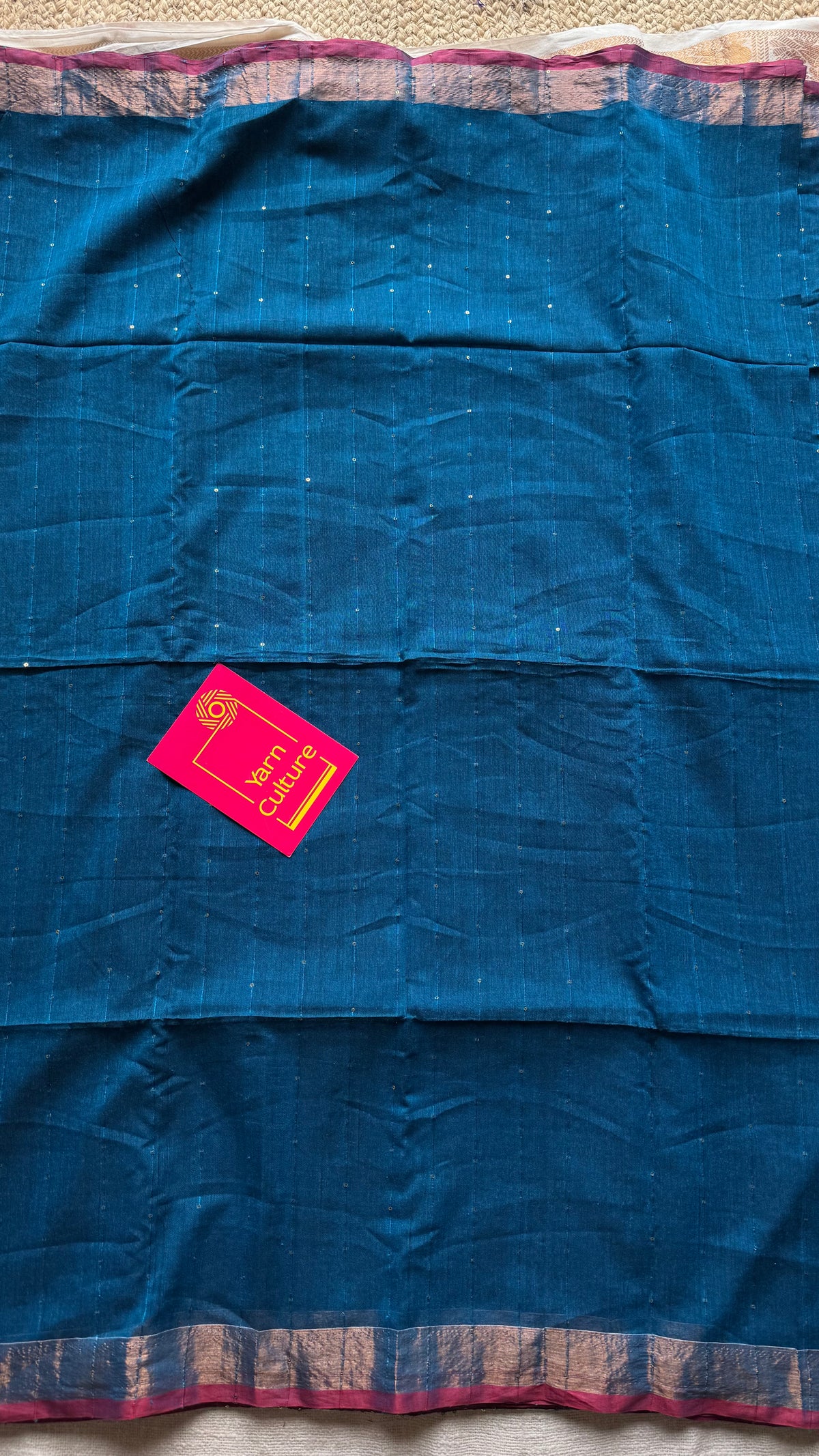 Peacock blue mul cotton saree with sequins and zari border - YCBCMCSE31