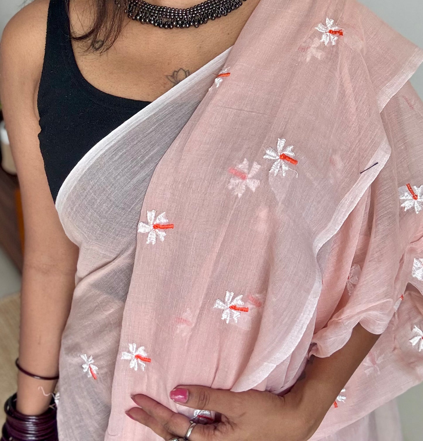 Pastel peach parijat mul cotton saree  - YCBCMCAP31
