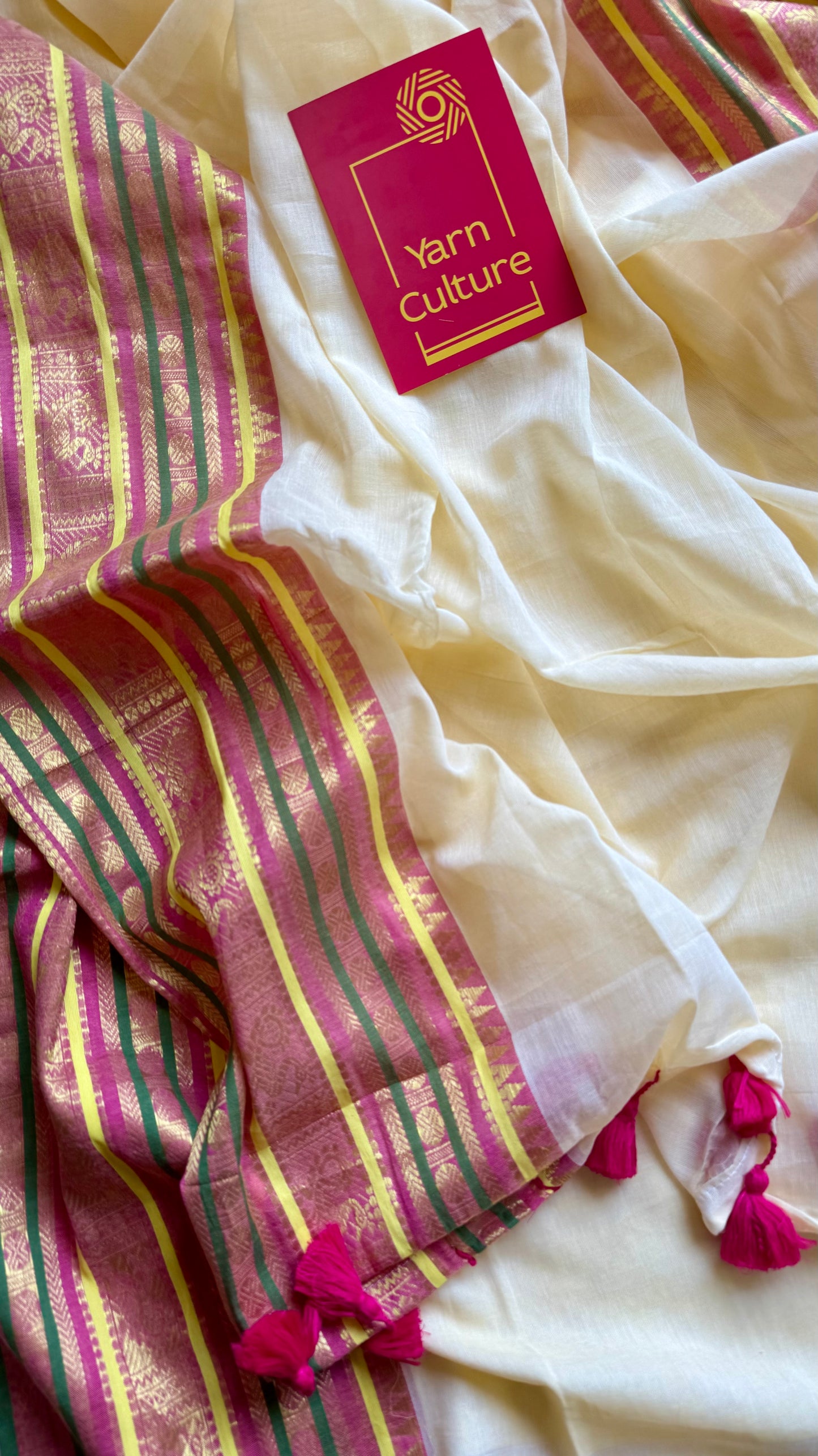 Cream mul saree, multicoloured wide kanchi border - YCIEON12