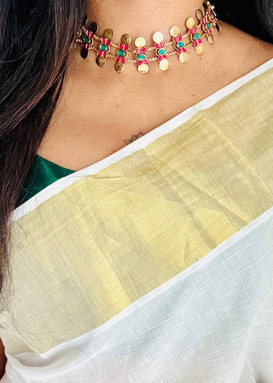 Triple layer coin floral neckpiece, ruby and green stones, with earrings - YCGPNP755