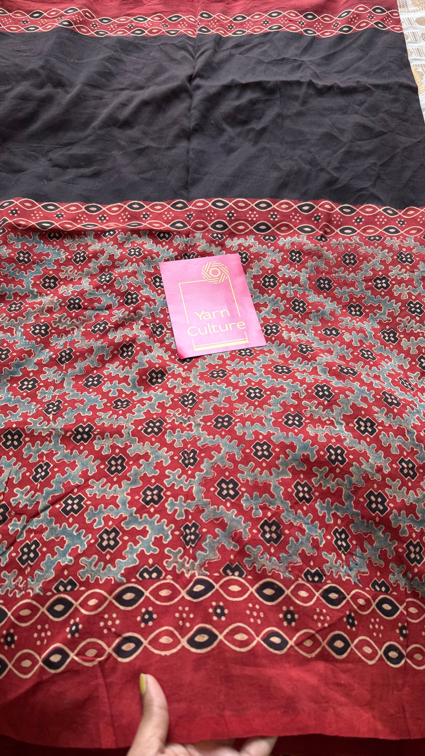 Black and red chanderi saree with ajrakh handblock print - YCTOKAJC343