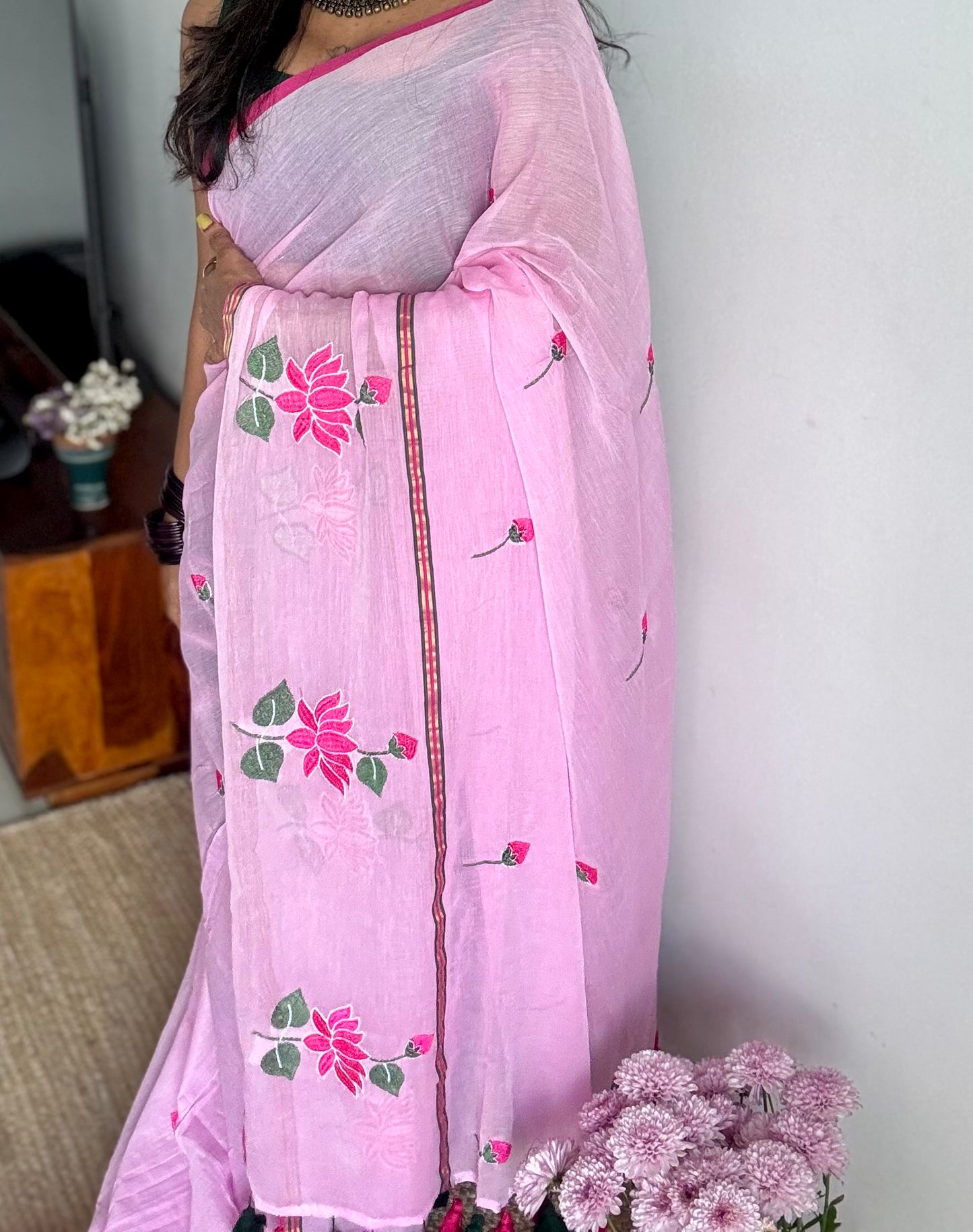 Pink mul with pink lotus embroidery and coloured zari - YCBCMCNO64