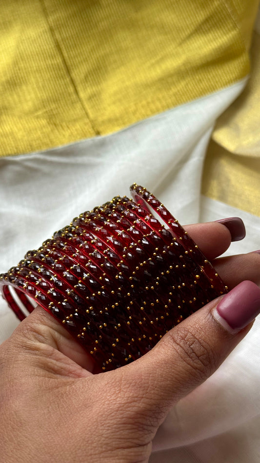 Dark red raindrop glass bangles, set of 12 - YCBANGL846
