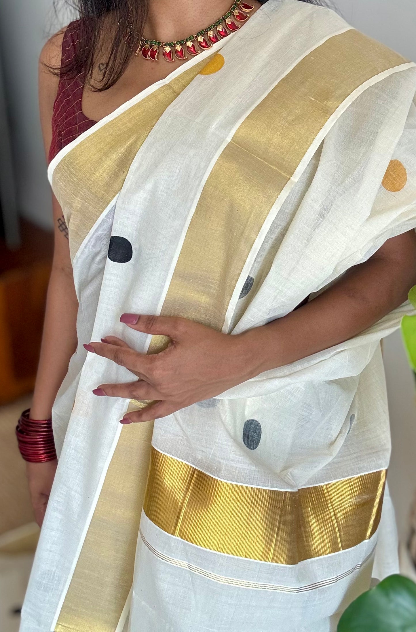Ivory and gold soft cotton kasavu saree, black and yellow polka - YCIEON72