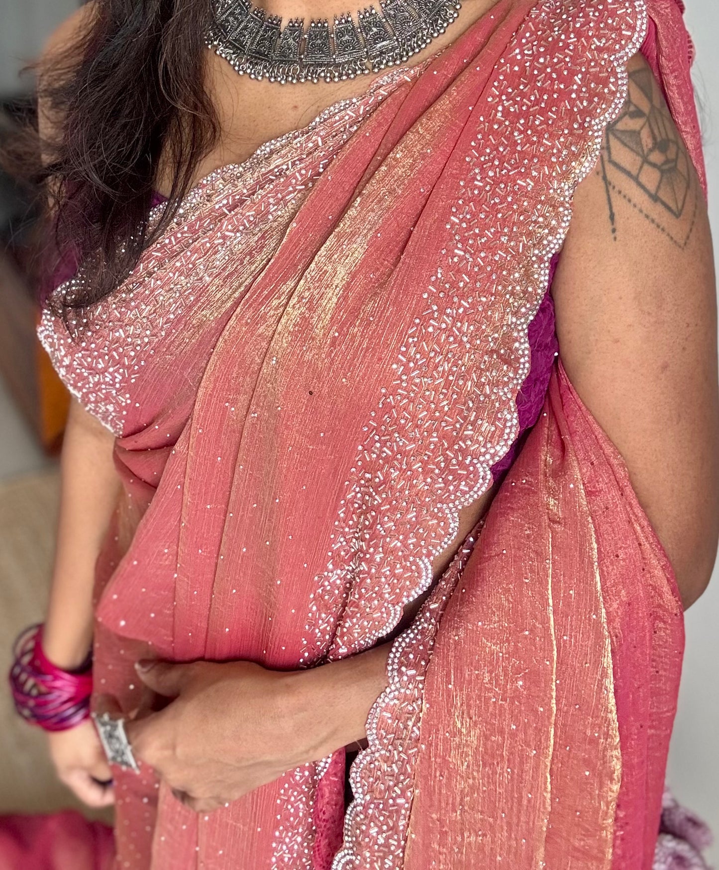 Peach Pink - peach pink dual tone space silk, jarkhan stone work - YCDOSNO35