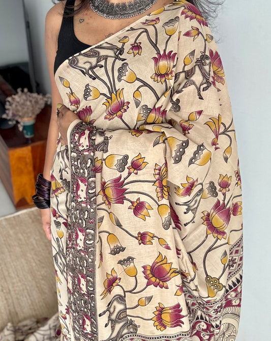 Beige with dark pink and yellow pichwai motif kalamkari, soft cotton - YCWOTDOCMP88