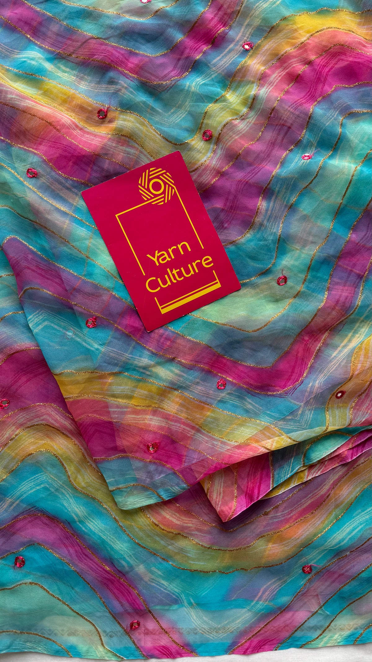 Blue multicoloured leheriya chiffon saree with mirror work  - YCTORLOC94