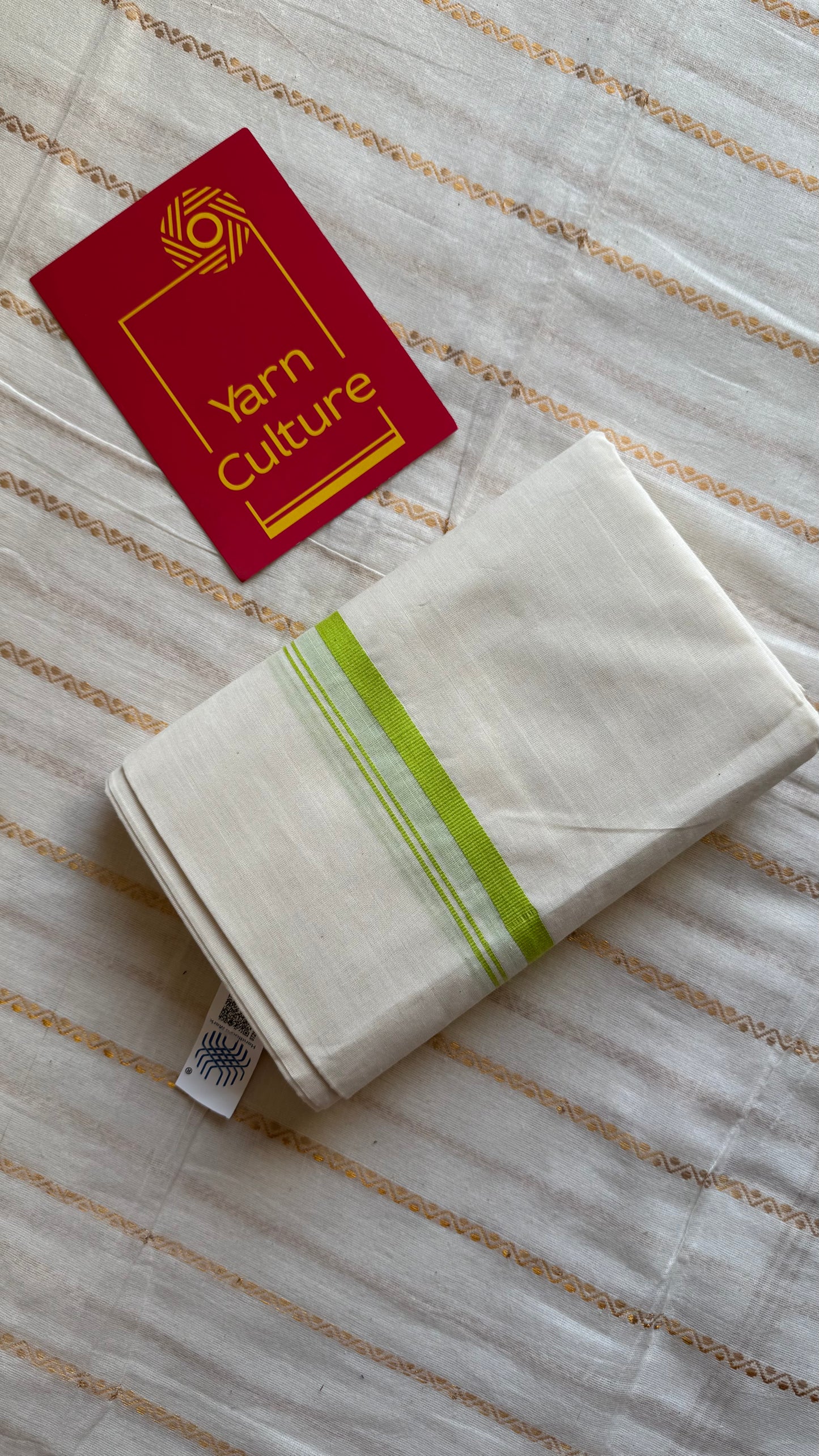 Ivory Chendamangalam Handloom Double Mundu with Light Green Kara | Soft Cotton Men's Dhoti- YCMSEIE177