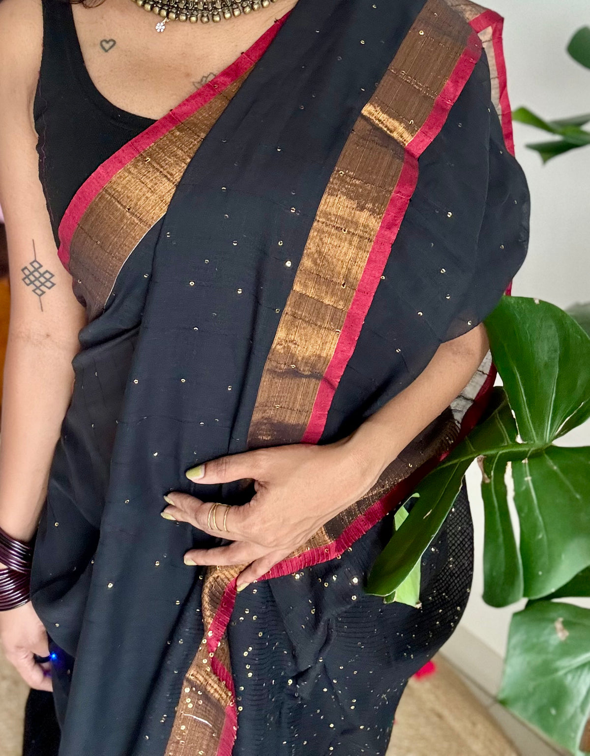 Black mul cotton saree with sequins and zari border - YCBCMCSE29