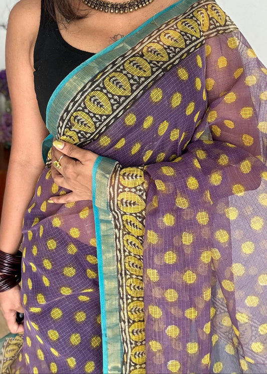 Jamun Gola - Purple with yellow kota doria, with gold zari border - YCTORKDAP13