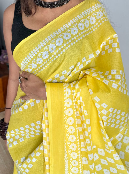 Yellow with white prints, soft cotton saree - YCTORCMA03