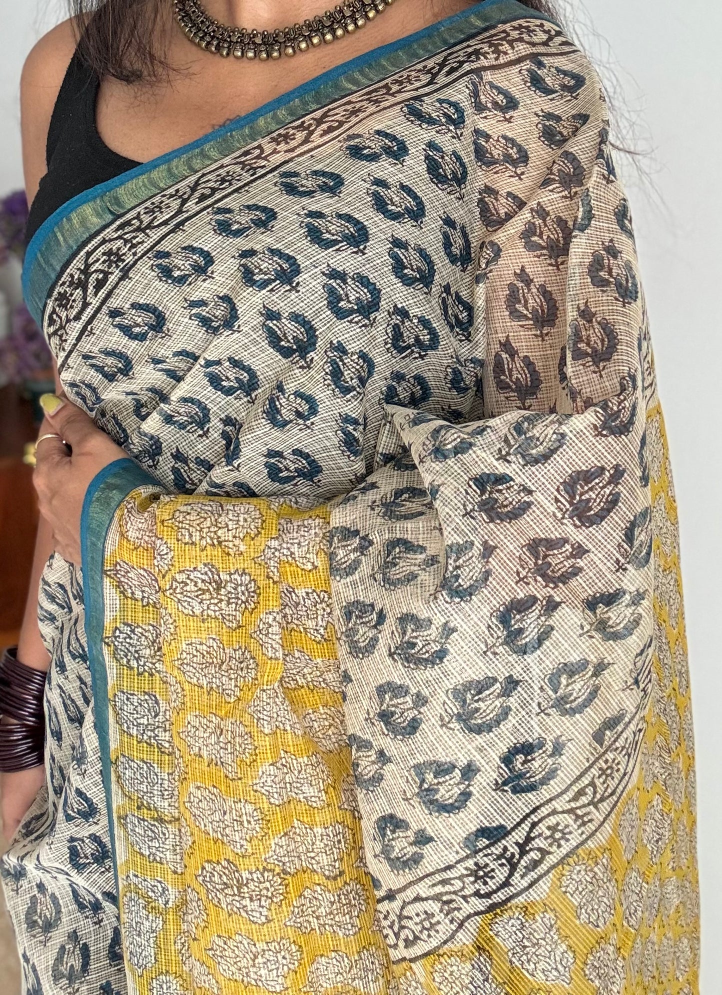 Pina Colada - Ivory with yellow kota doria saree, with gold zari border - YCTORKDAP12