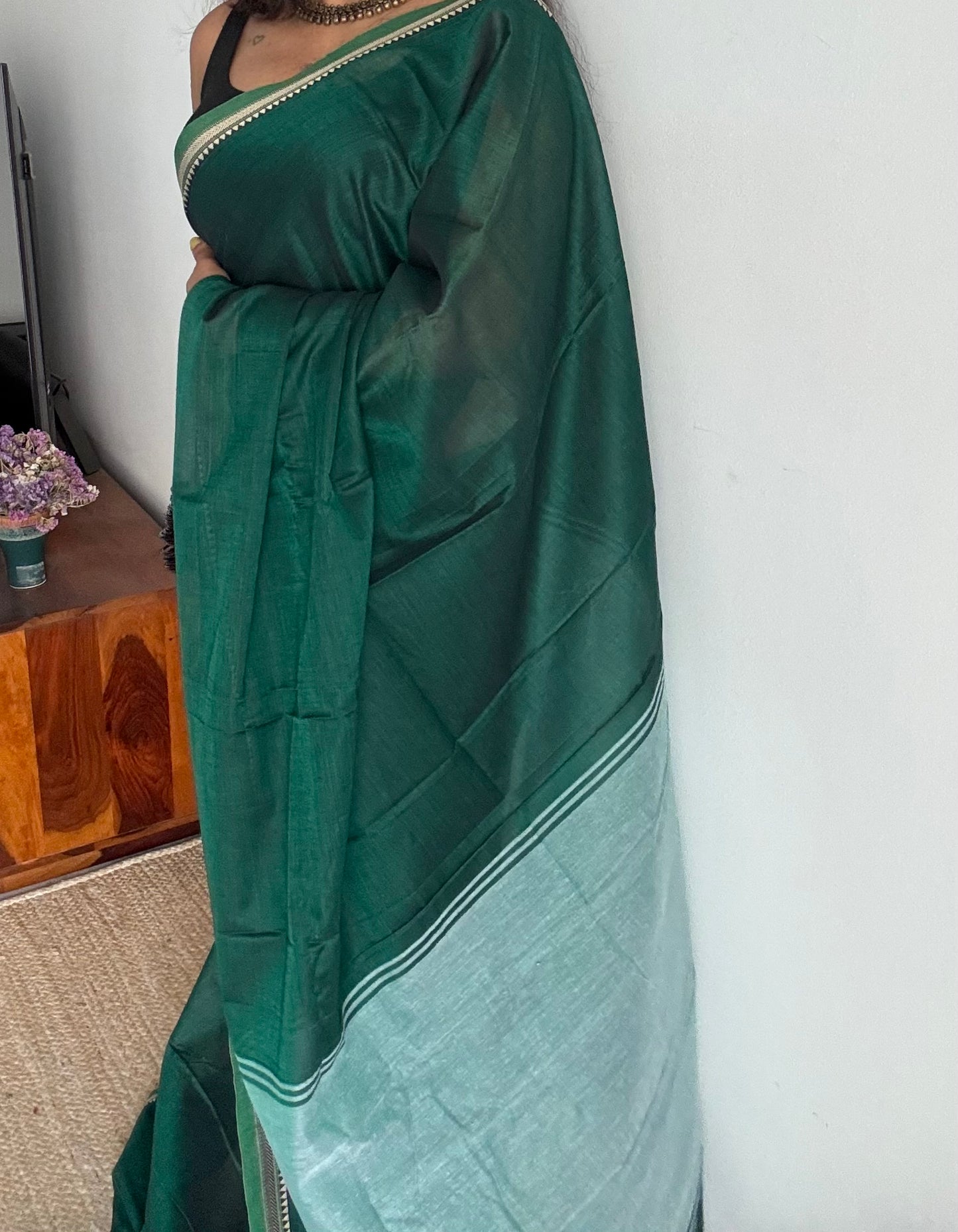 Dark green with light green border narayanpet saree, soft cotton - YCWOTDNPFE37