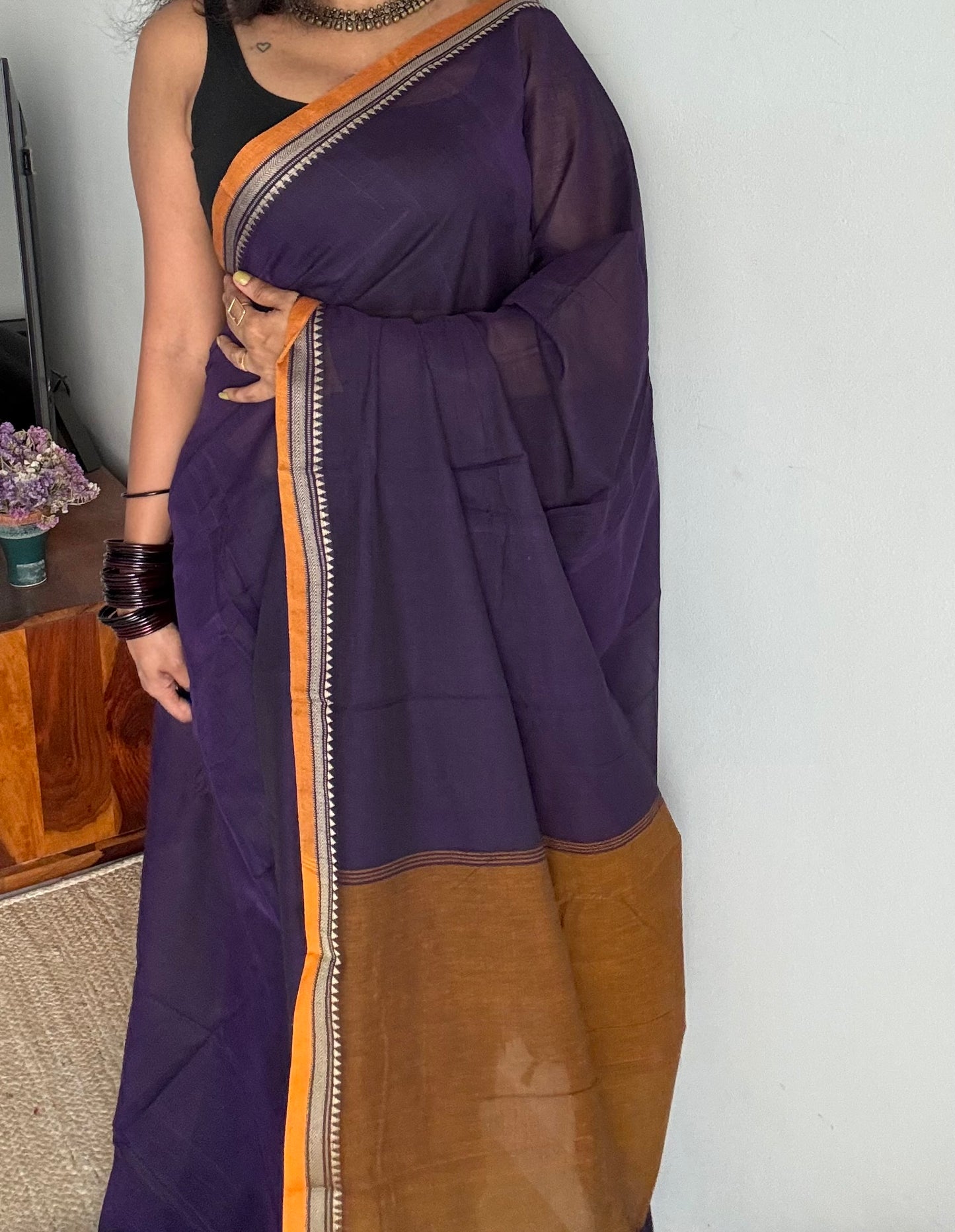 Violet with orange border narayanpet saree, soft cotton - YCWOTDNPFE32