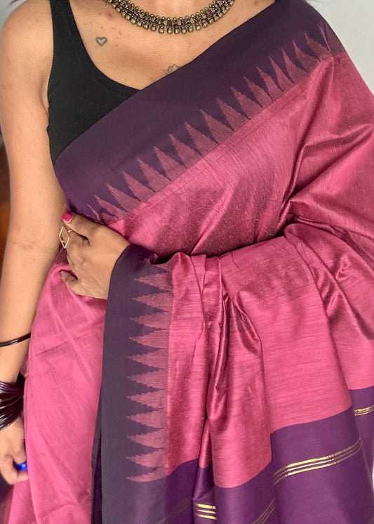 Dusty pink with purple temple border - cotton silk - YCCOTNOCKCS3