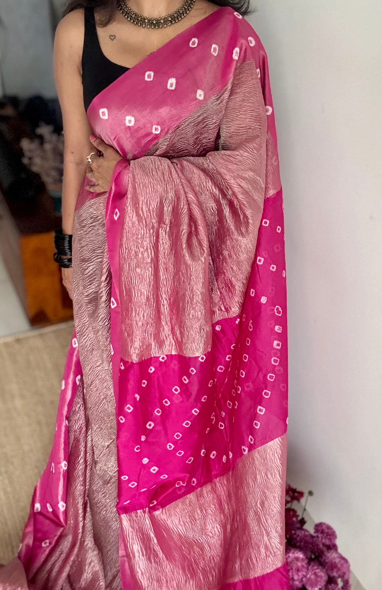 Hot Pink in crushed tissue, with bandhni borders in art silk - YCBLFE20
