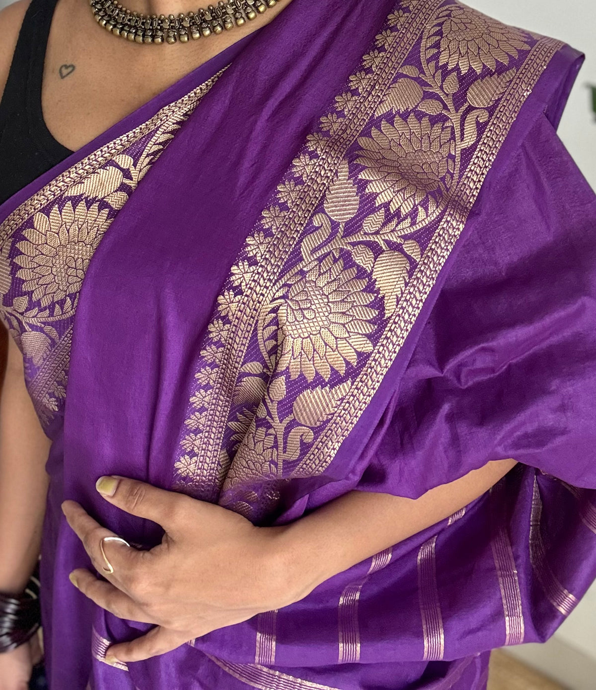 Purple, semi crepe silk saree with antique gold floral border - YCLOKOC59
