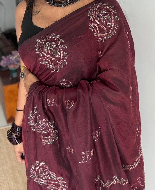 Embroidered maroon kantha weave in soft cotton - YCBCKKJA147