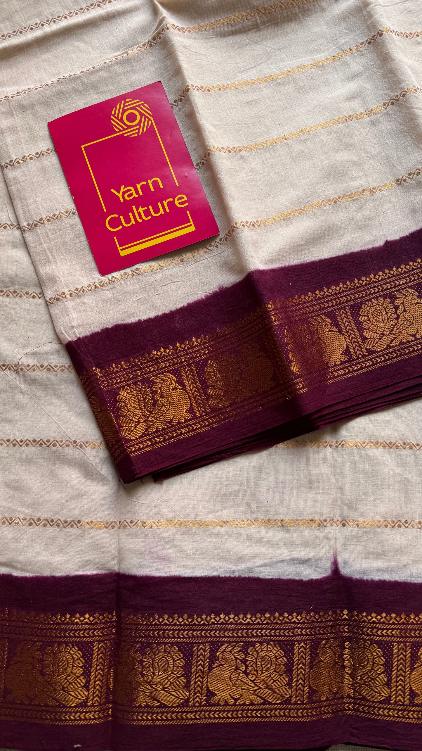 Cream velthaari patterned kattuchayam dyed madurai cotton saree with maroon peacock border - YCCOTNMSFE276