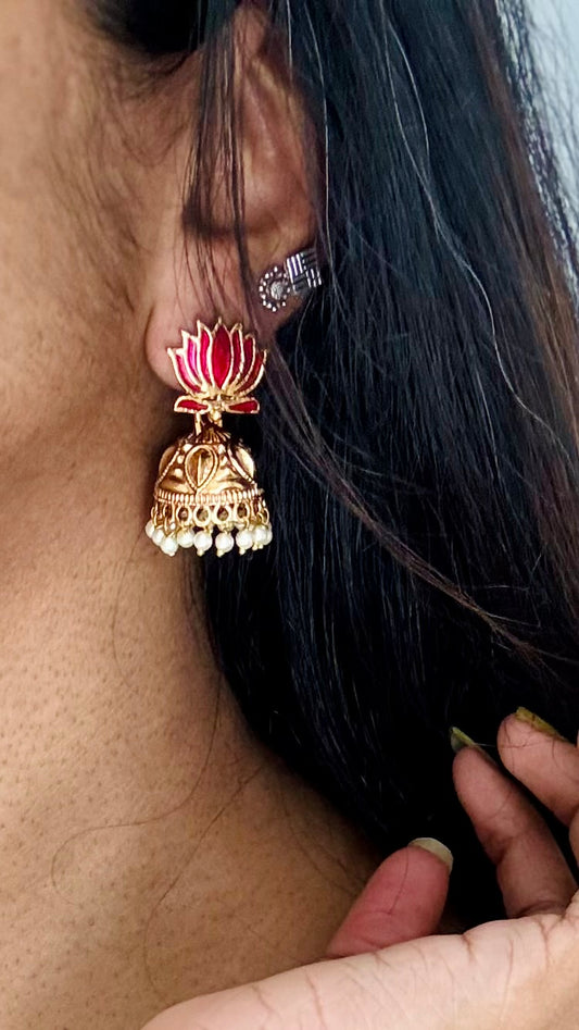 Antique gold hot pink lotus jhumka - YCAGEJ284