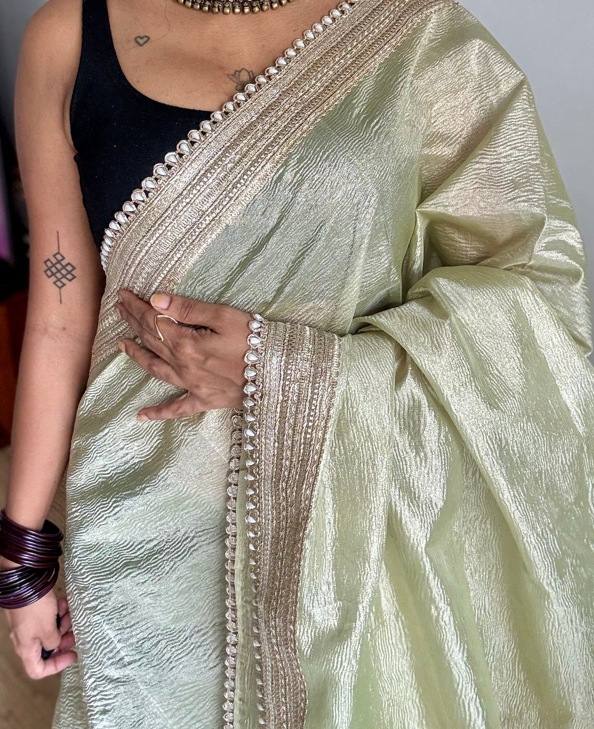 Pastel pista green crushed Banarasi tissue saree, with pearl lace border - YCBLTOC64