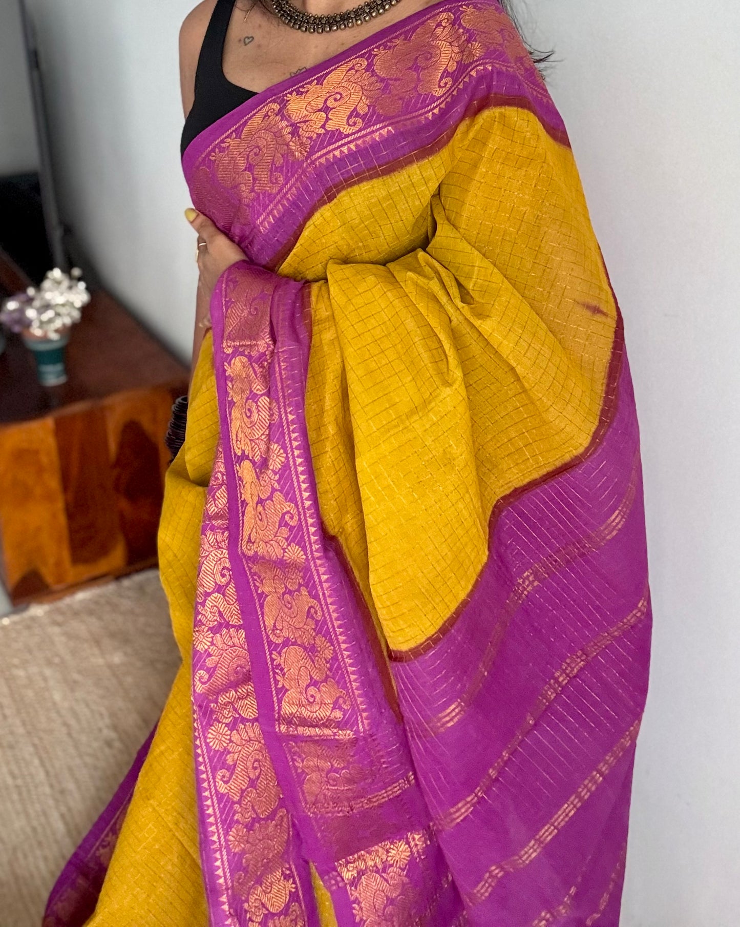Ginger yellow with magenta checkered sungudi, madurai cotton - YCCOTNSUDE46