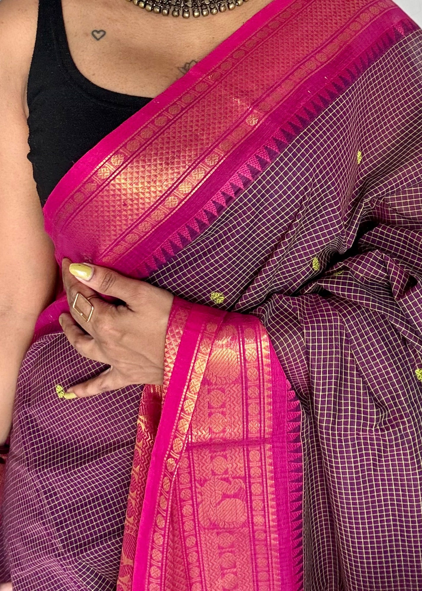 Dark purple with pink contrast, checkered kanchi cotton saree - YCCOTNJU19
