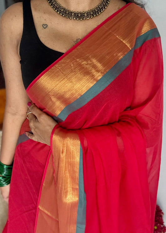 Red mul with green and antique gold zari border - YCBCMCLSE26