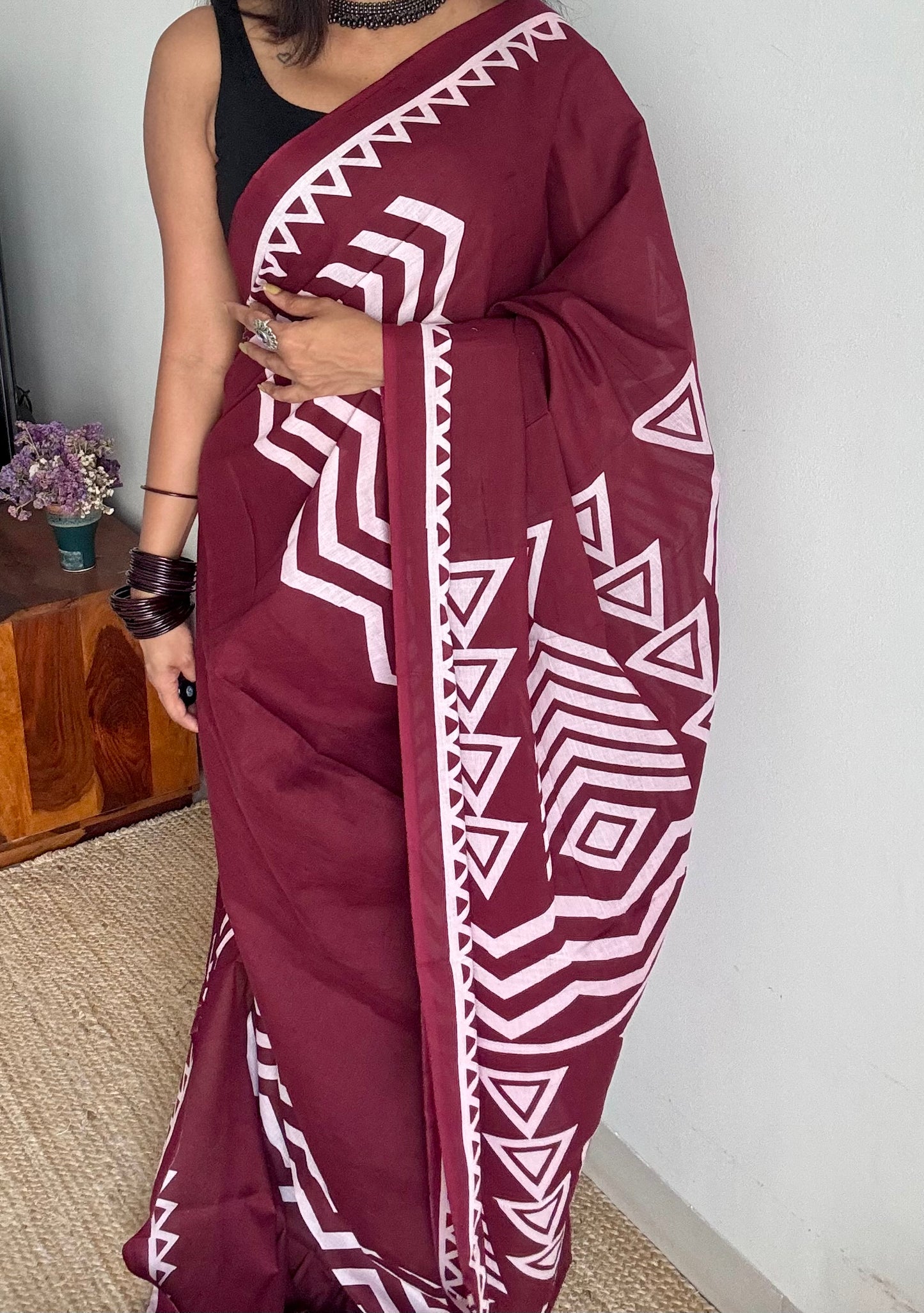 Maroon with white geometric prints, soft cotton - YCTORCMA01