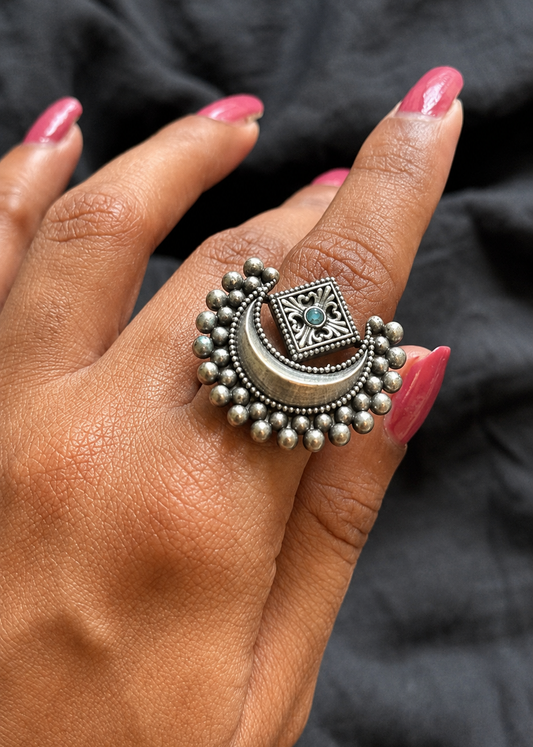 Adjustable ring, half moon ring, aqua stone - YCOSFR605