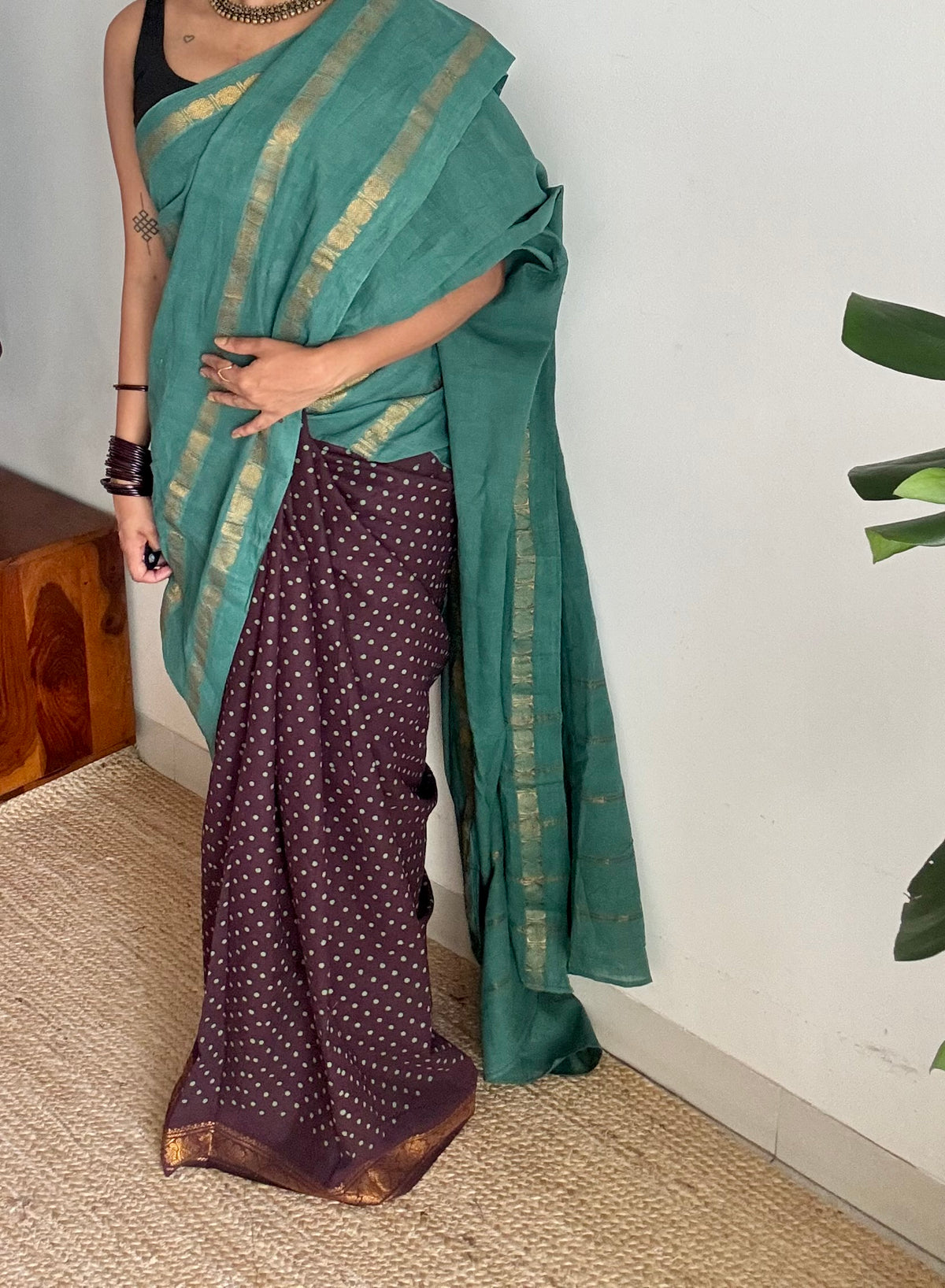 Mint green with brown, sungudi cotton half-half saree - YCCOTNIDOC15