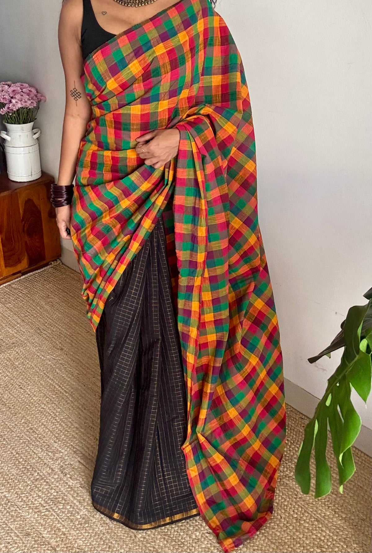 Black with multicoloured mini madras checks, cotton half and half saree - YCCOTNIDOC168