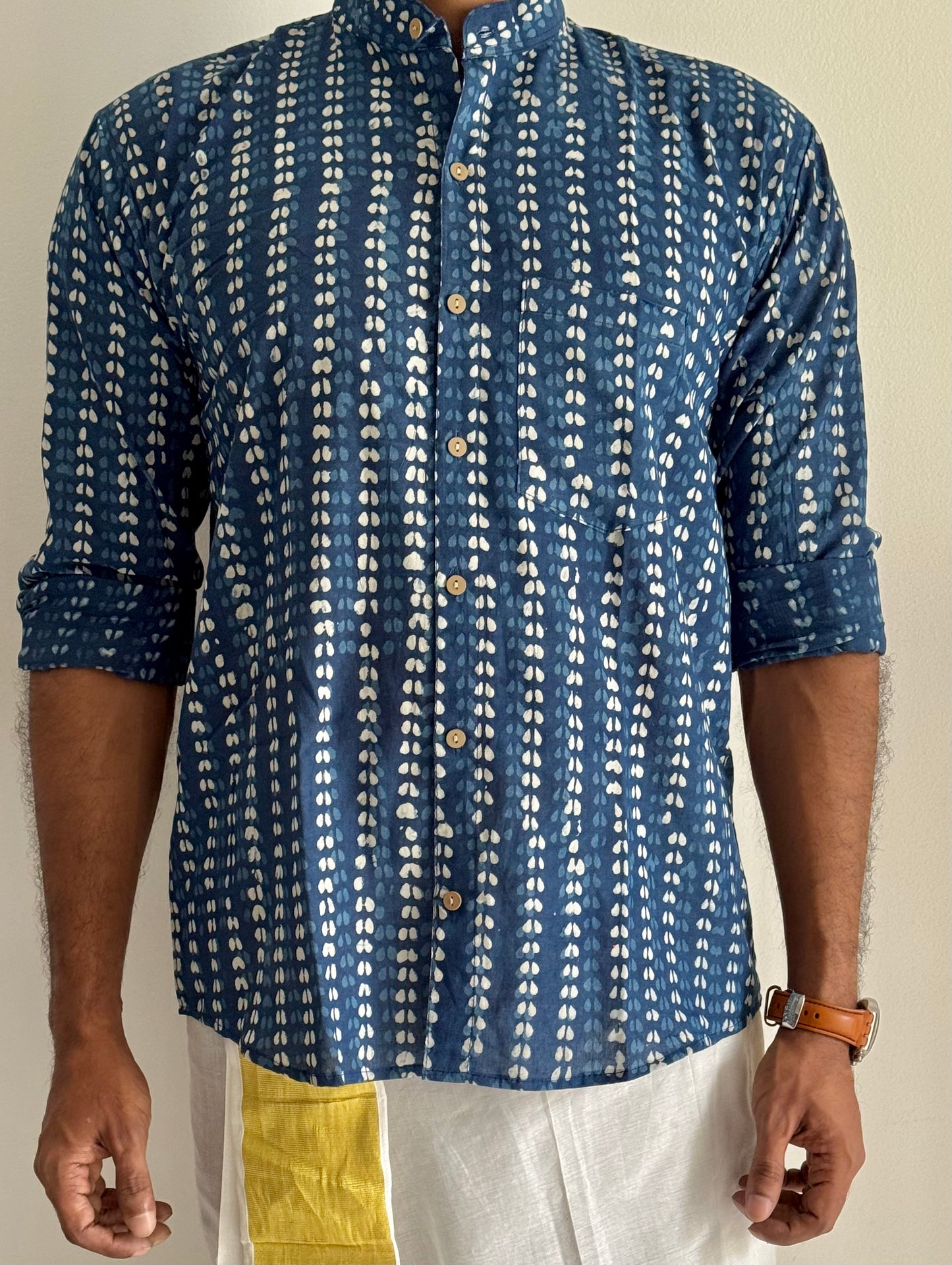Indigo Striped Motif Block Printed Cotton Men's Mandarin Collar Kurta Shirt - YCMSEIE196