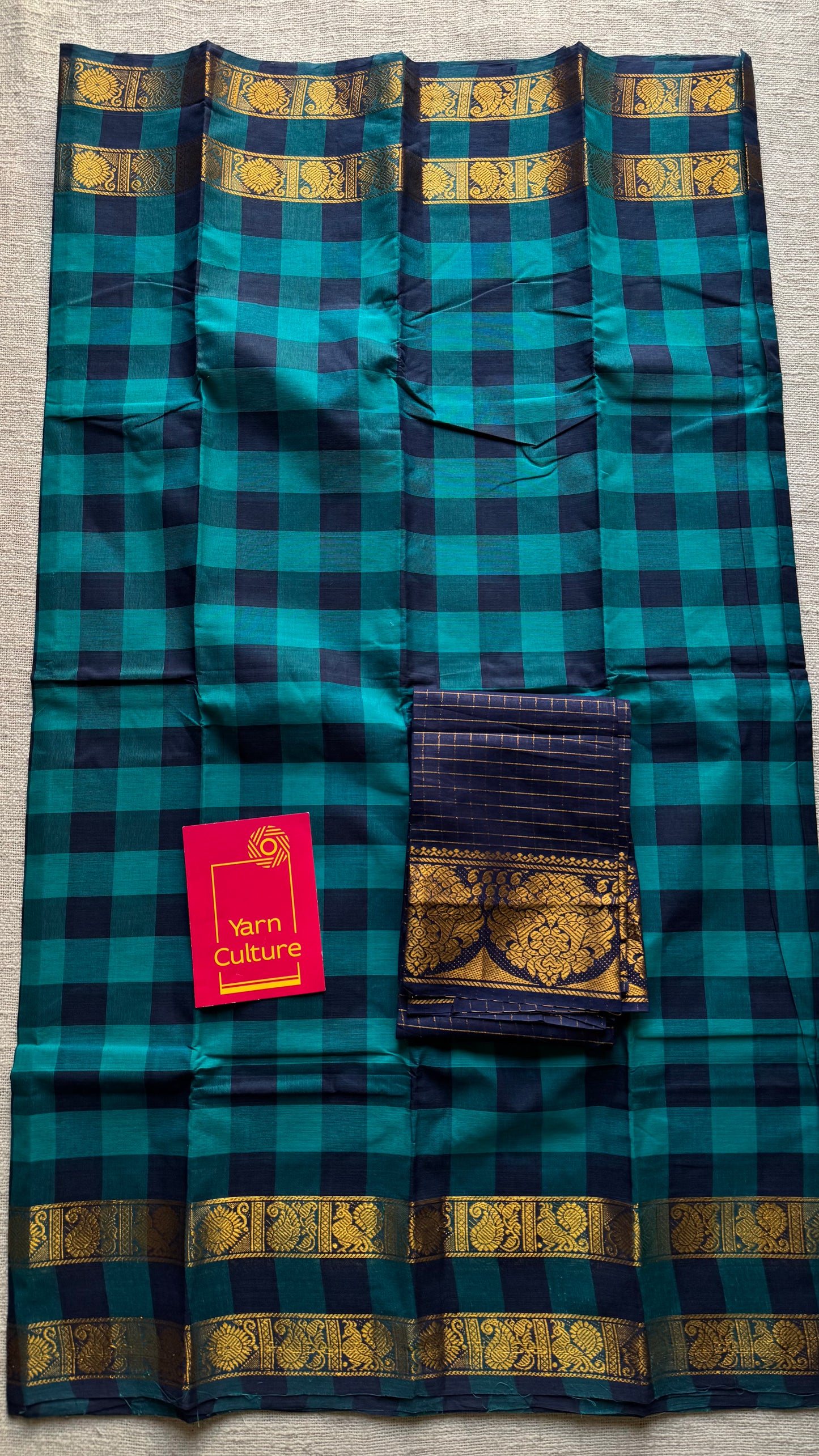 Turquoise and dark blue paalum pazhamum checkered kanchi cotton - YCCOTNKCDE81